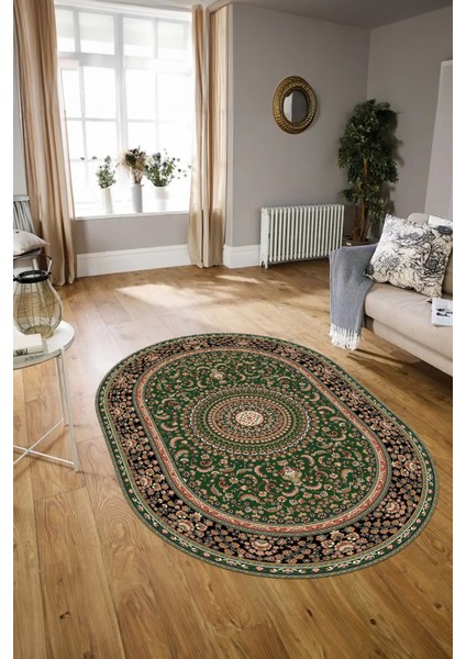 Dijital Baskılı Kaymaz Yıkanabilir Klasik Oval Yolluk Mutfak Salon Halısı, N-O-Klasik-21-Yeşil,