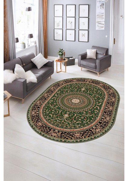 Dijital Baskılı Kaymaz Yıkanabilir Klasik Oval Yolluk Mutfak Salon Halısı, N-O-Klasik-21-Yeşil, modelleri