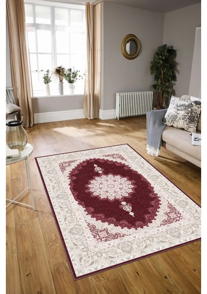 Dijital Baskılı Kaymaz Taban Yıkanabilir Klasik Yolluk Mutfak Salon Halısı, N-Klasik-03-Bordo,