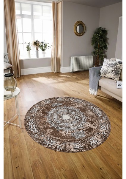 Dijital Baskılı Kaymaz Yıkanabilir Klasik Yuvarlak Mutfak Salon Halısı, N-Y-Klasik-25-Kahve,