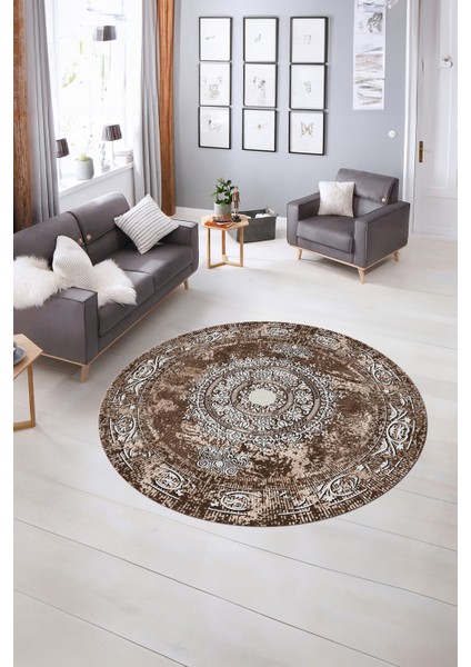 Dijital Baskılı Kaymaz Yıkanabilir Klasik Yuvarlak Mutfak Salon Halısı, N-Y-Klasik-25-Kahve, modelleri