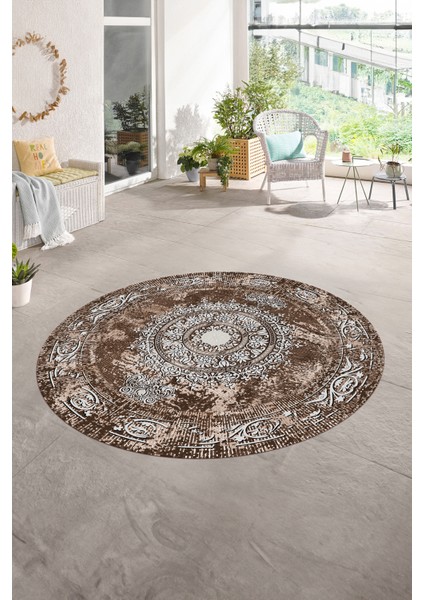 Dijital Baskılı Kaymaz Yıkanabilir Klasik Yuvarlak Mutfak Salon Halısı, N-Y-Klasik-25-Kahve, fırsatları