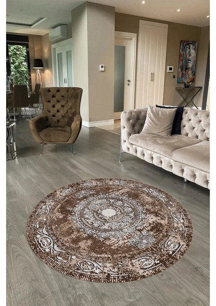 Dijital Baskılı Kaymaz Yıkanabilir Klasik Yuvarlak Mutfak Salon Halısı, N-Y-Klasik-25-Kahve, indirimleri