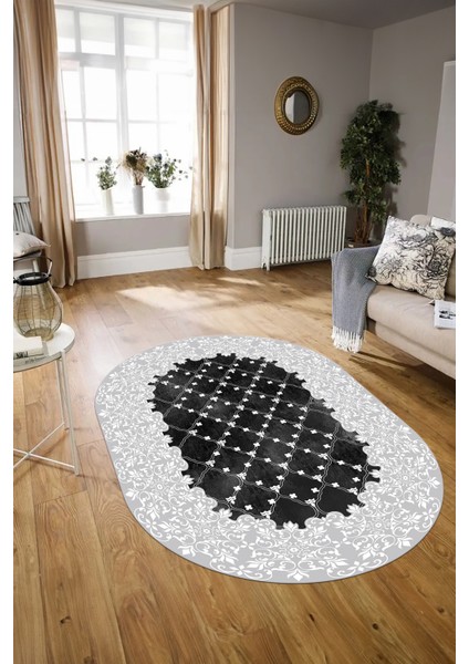 Dijital Baskılı Kaymaz Yıkanabilir Klasik Oval Yolluk Mutfak Salon Halısı, N-O-Klasik-04-Beyaz,