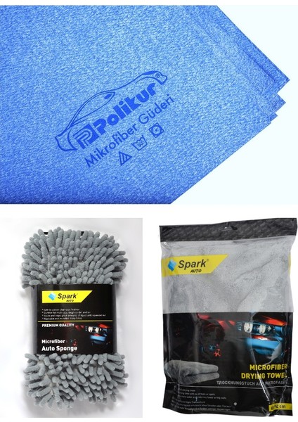 3356 Güderi Oto Kurulama Bezi & Spark 7040 Yıkama Süngeri & Spark 2316 Peluş Bez (3'lü Set)