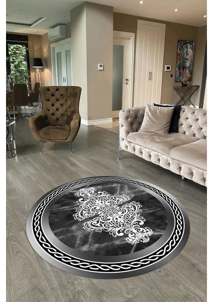 Dijital Baskılı Kaymaz Yıkanabilir Mermer Yuvarlak Mutfak Salon Halısı, N-Y-Mermer-09-Antrasit,