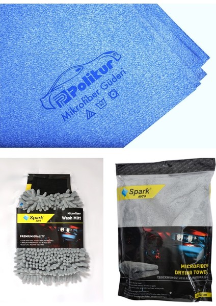 3356 Güderi Oto Kurulama Bezi & Spark 7050 Oto Eldiveni & Spark 2316 Peluş Bez (3'lü Set)