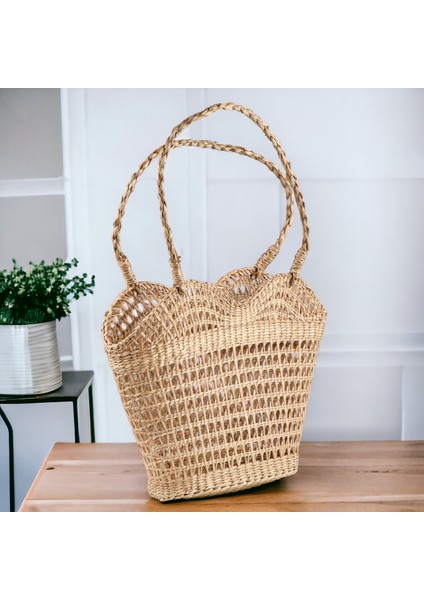 Doğal Deniz Sazı Çanta Delikli Askılı Bej Plaj Çantası Günlük Çanta Yüksek Kalite El Işçiliği Oceanpoint