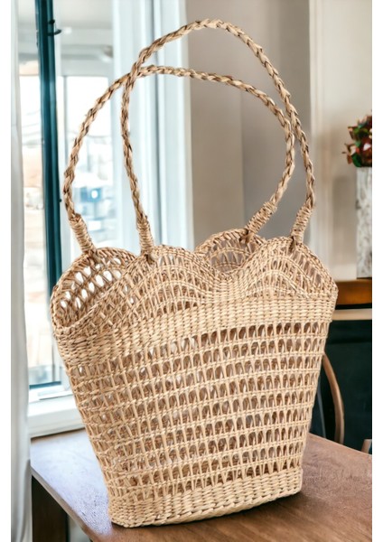 Doğal Deniz Sazı Çanta Delikli Askılı Bej Plaj Çantası Günlük Çanta Yüksek Kalite El Işçiliği Oceanpoint modelleri