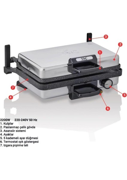 6+ Tepsili Tost ve Lahmacun Makinesi TAC-7863 Gri F 1 Kademe 50 Hz / 60 Hz 220 - 240 V 15 modelleri