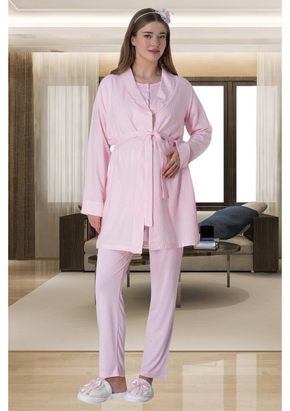 Mecit Pijama Mecit 6001 Pembe Çizgili Sabahlıklı Lohusa Pijama Takımı