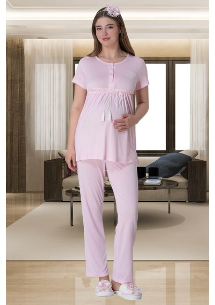 Mecit Pijama Mecit 6001 Pembe Çizgili Sabahlıklı Lohusa Pijama Takımı