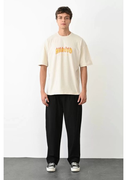 Unisex Bisiklet Yaka Baskılı Oversize T-Shirt - Beyaz