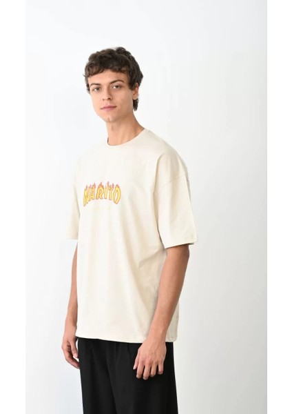 Unisex Bisiklet Yaka Baskılı Oversize T-Shirt - Beyaz modelleri