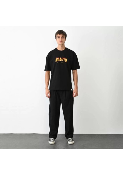 Unisex Bisiklet Yaka Baskılı Oversize T-Shirt - Siyah