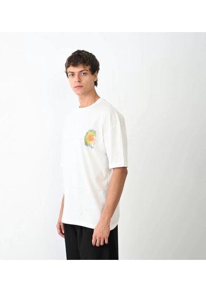 Unisex Bisiklet Yaka Baskılı Oversize T-Shirt - Beyaz
