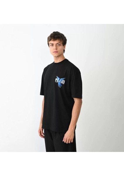 Unisex Bisiklet Yaka Baskılı Oversize T-Shirt - Siyah fiyatları