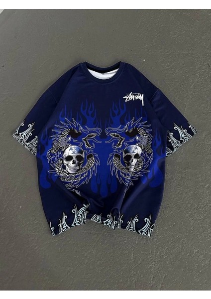 Unisex Bisiklet Yaka Baskılı Oversize T-Shirt - Lacivert indirimleri