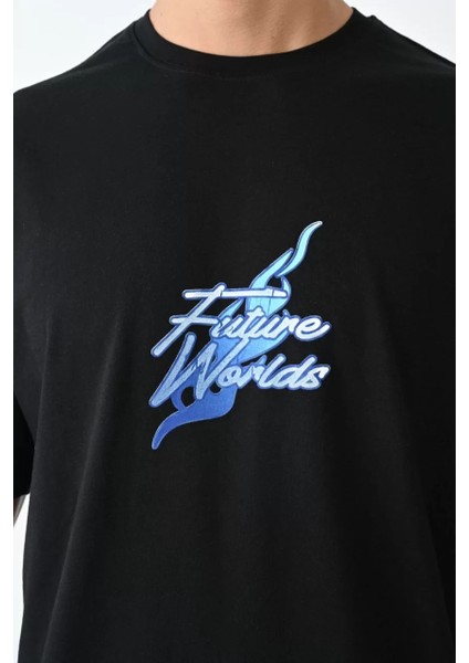 Unisex Bisiklet Yaka Baskılı Oversize T-Shirt - Siyah fiyatları