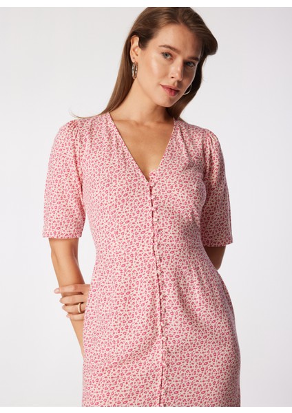 V Yaka Desenli Pembe Midi Kadın Elbise SPBF4SL-ELB5506