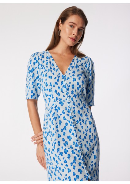 V Yaka Desenli Mavi Midi Kadın Elbise SPBF4SL-ELB5508