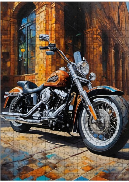 Karizma Tablo Ahşap Mdf Puzzle Yapboz Turuncu Chopper Motosiklet 500 Parça 50*70 cm