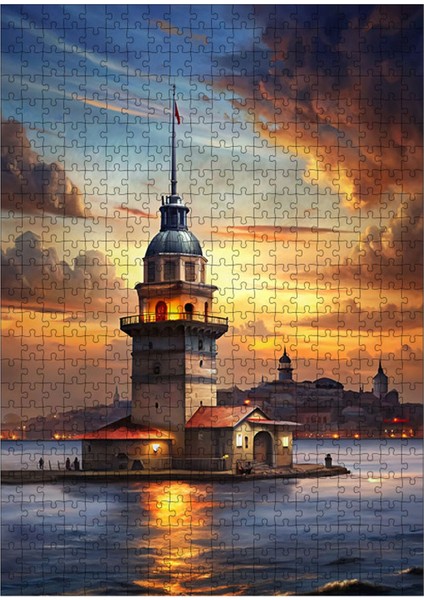 Karizma Tablo Ahşap Mdf Puzzle Yapboz Gün Batımı ve Kız Kulesi 500 Parça 50*70 cm