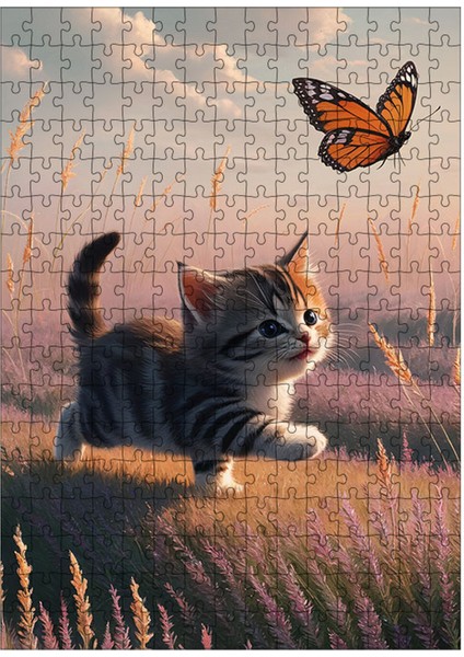 Karizma Tablo Ahşap Mdf Puzzle Yapboz Yavru Kedi ve Kelebek 255 Parça 35*50 cm