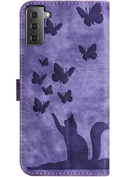 Samsung Galaxy S22 Artı Cüzdan Kılıf Kart Cep Kabartmalı Kedi (Yurt Dışından)
