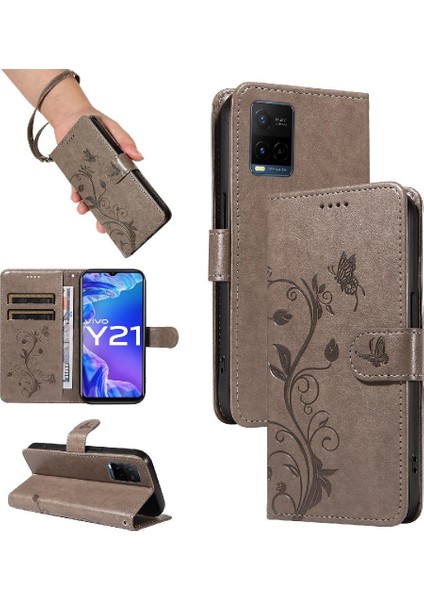 Vivo Y21/Y21S/Y33S El Kayışı ve Kart ile Kabartmalı Kelebek Için Kılıf (Yurt Dışından)
