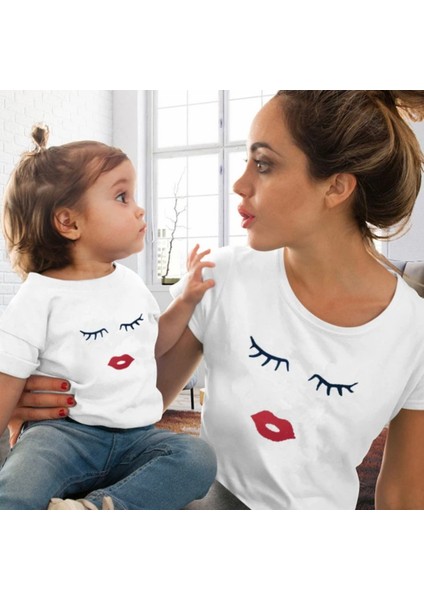Özel Tasarım Bisiklet Yaka Kırmızı Ruj Baskılı Pamuk Yeni Stil Anne-Çocuk Kombini T-Shırt