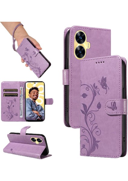 Reamle C55 Kabartmalı Kelebek ve Kart Yuvası Cüzdan Telefon Kılıfı (Yurt Dışından)