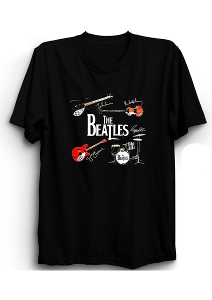 The Beatles With Instruments, Signs, Rock Metal Müzik Baskılı %100 Pamuk Tişört