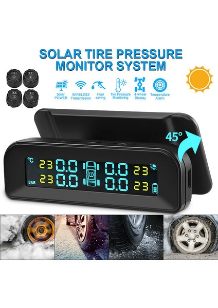 Güneş Kablosuz USB Tpms Araç Lastik Basıncı Izleme Sistemi Hd LCD Ekran 4 Harici Sensör Lastik Basıncı Sıcaklık Uyarısı (Yurt Dışından)
