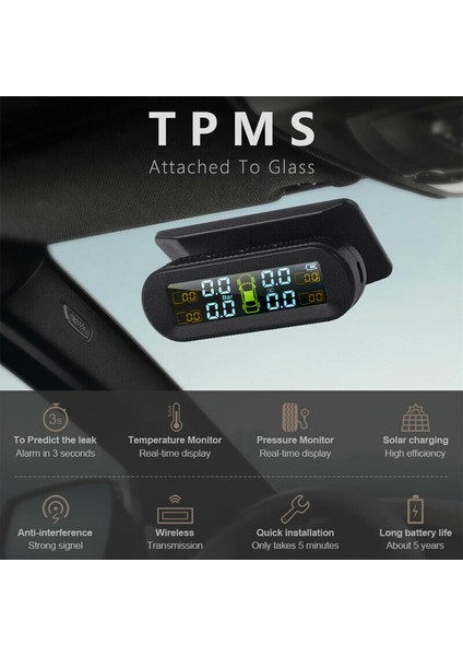 Güneş Kablosuz USB Tpms Araç Lastik Basıncı Izleme Sistemi Hd LCD Ekran 4 Harici Sensör Lastik Basıncı Sıcaklık Uyarısı (Yurt Dışından)