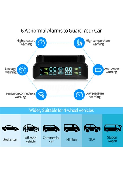 Güneş Kablosuz USB Tpms Araç Lastik Basıncı Izleme Sistemi Hd LCD Ekran 4 Harici Sensör Lastik Basıncı Sıcaklık Uyarısı (Yurt Dışından)