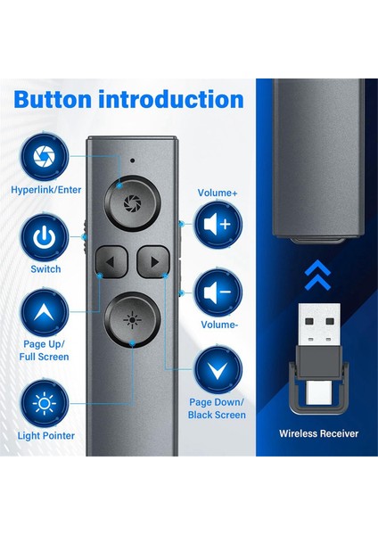 2'si 1 Arada USB Tip C Sunum Clicker, Şarj Edilebilir Kablosuz Presenter Remote, Powerpoint Sunumları Için Clicker (Yurt Dışından)