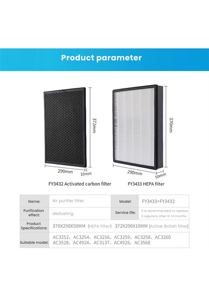 2 Takım FY3432 FY3433 Model Yedek Filtre Hepa Hava Temizleme Cihazı Için Aktif Karbon Filtre AC3252 AC3254 AC3256 (Yurt Dışından)
