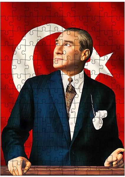 Ahşap Mdf Puzzle Yapboz Atatürk ve Türk Bayrağı 120 Parça 25*35 cm