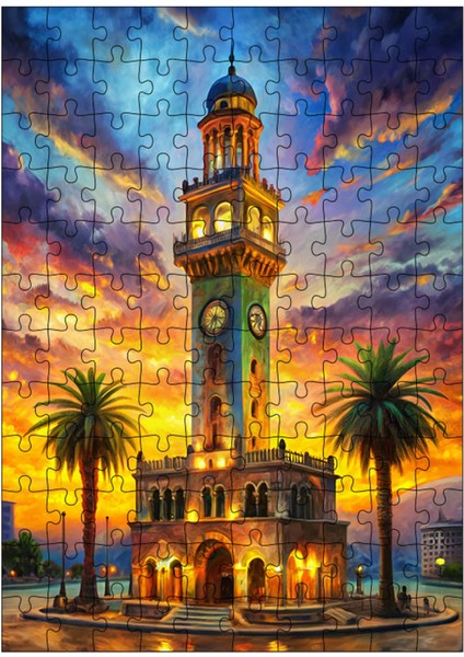 Ahşap Mdf Puzzle Yapboz Saat Kulesi Gün Batımı 120 Parça 25*35 cm