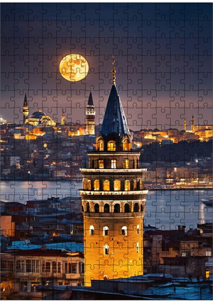 Ahşap Mdf Puzzle Yapboz Galata Kulesi ve Ay 255 Parça 35*50 cm