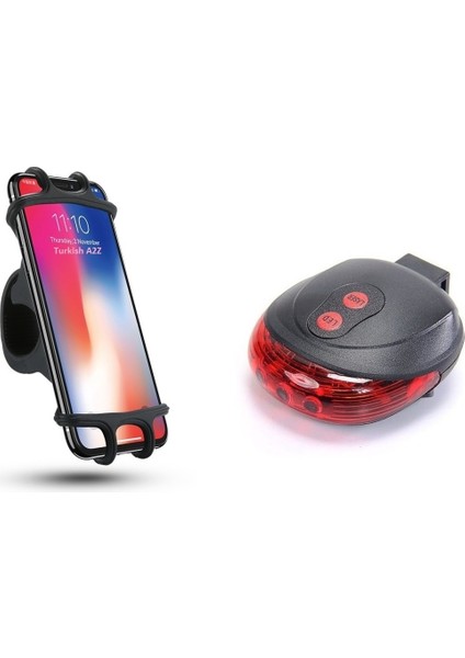 360° Bisiklet Scooter Telefon Tutucu ve 4 Modlu Lazer Arka Ikaz Işığı Lazer Şeritli Arka Stop Lambası