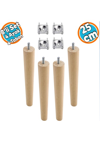 Ahşap Mobilya Koltuk Kanepe Sehpa Masa Ayağı Ayakları M8 Civatalı 25 cm + Bağlantı Aparatlı 8'li Set