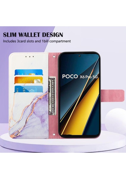 Xiaomi Poco X6 Pro Mermer Desen Pu Deri Cüzdan Kickstand (Yurt Dışından)