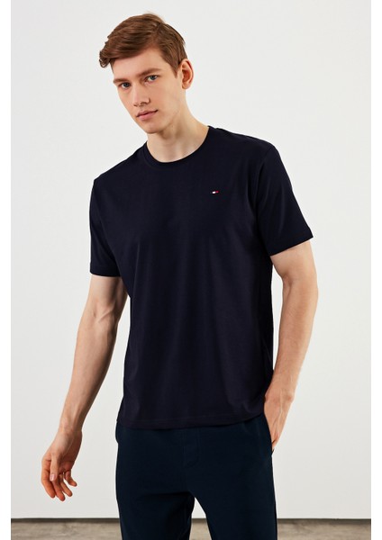 Erkek Bisiklet Yaka T-Shirt %100 Pamuk Nakış Detaylı Basic Lacivert Tişört