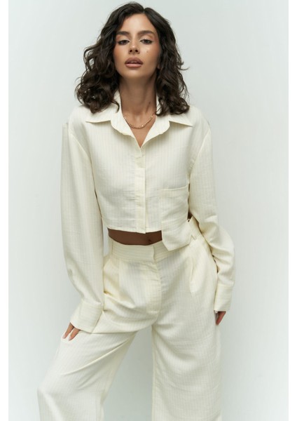 Valente Ekru Crop Gömlek Pantolon Takım