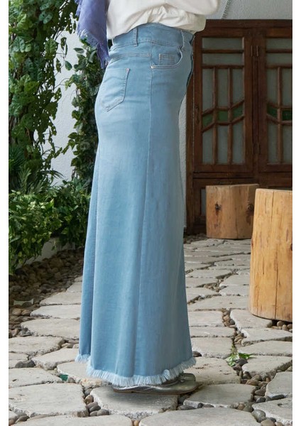 2252-DENIM Püsküllü Etek Açık Mavi