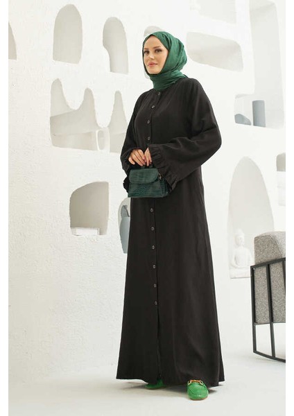 6587-DENIM Düğmeli Kolları Fırfırlı Ferace Siyah