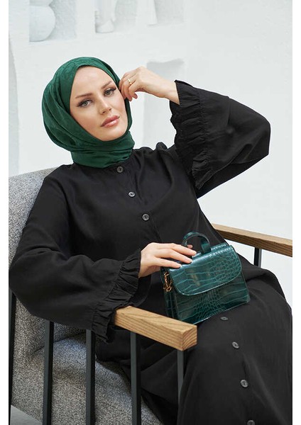 6587-DENIM Düğmeli Kolları Fırfırlı Ferace Siyah fiyatları