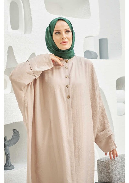 6618-MODAL Süs Düğmeli Abaya Bej fiyatları